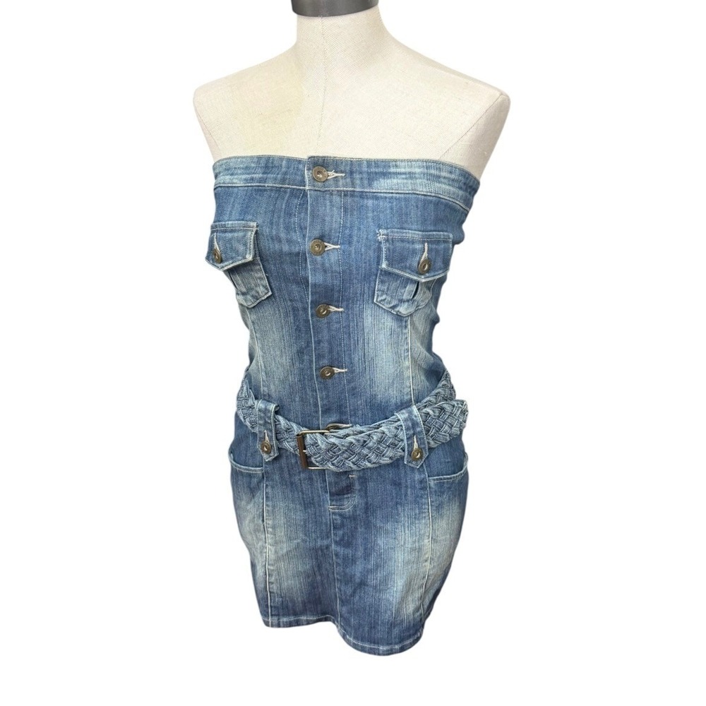 Ecko Red Denim Strapless Mini Dress Blue Medium Wash Braided Belt Y2K Size M